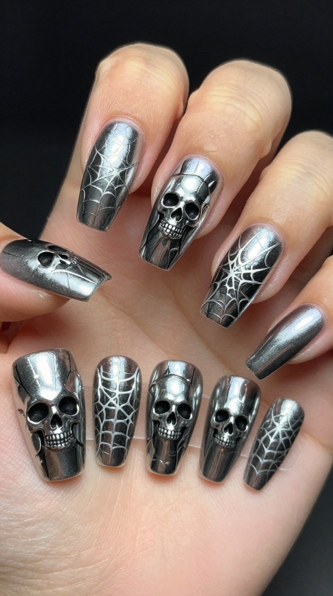 Chrome Coffin Nails With Silver Skull & Cobweb Art