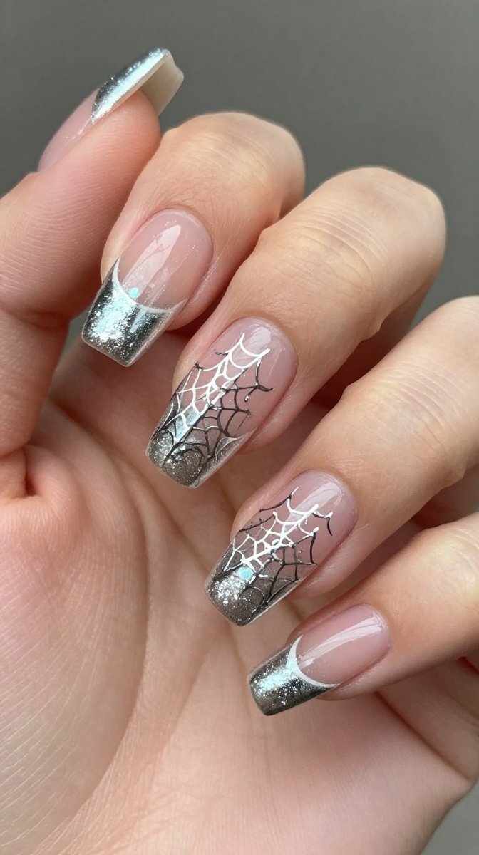 Chrome French Tips with Sparkly Spiderwebs