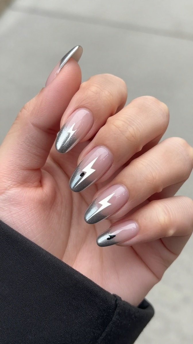 Chrome Lightning Bolt French Tips – Modern Spooky Shine