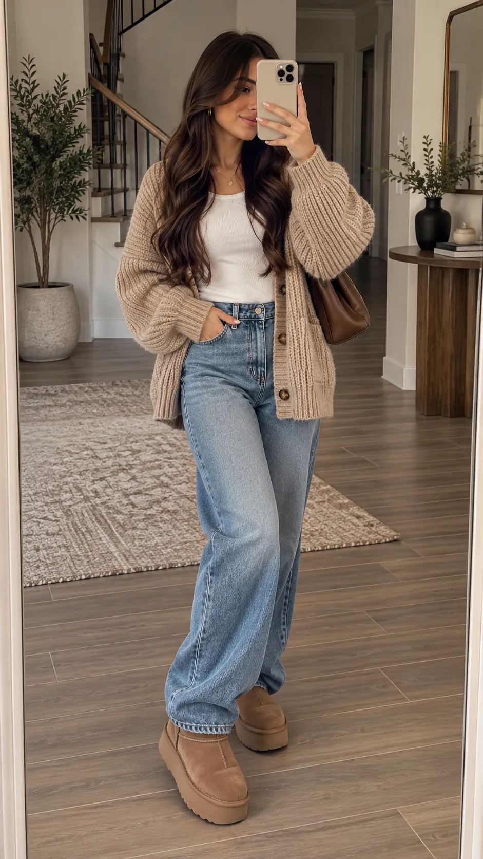 Chunky Cardigan + Basic Top + Relaxed Jeans + Cozy Boots