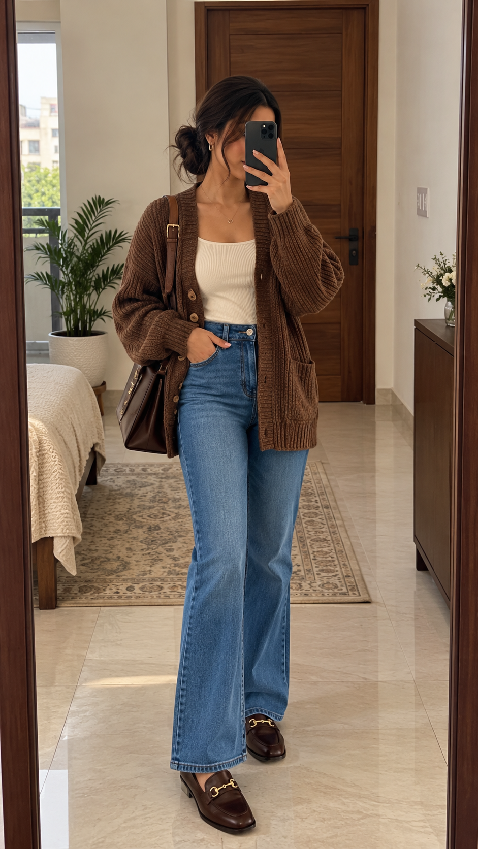 Chunky Cardigan + Bootcut Jeans + Loafers