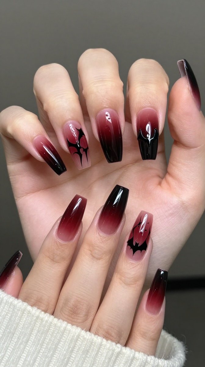 Dark Red & Black Ombré with Bat Accents – Romantic Vampie Magic