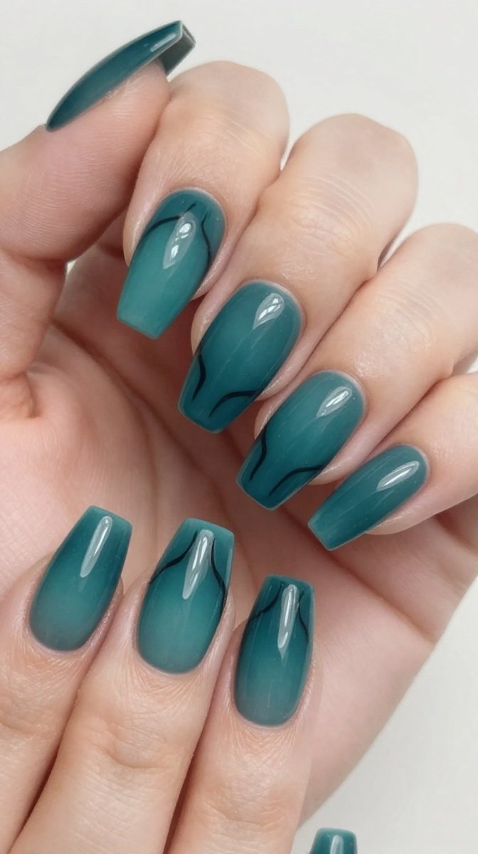 Deep Teal Ombre Nails With Bat Wing Outlines