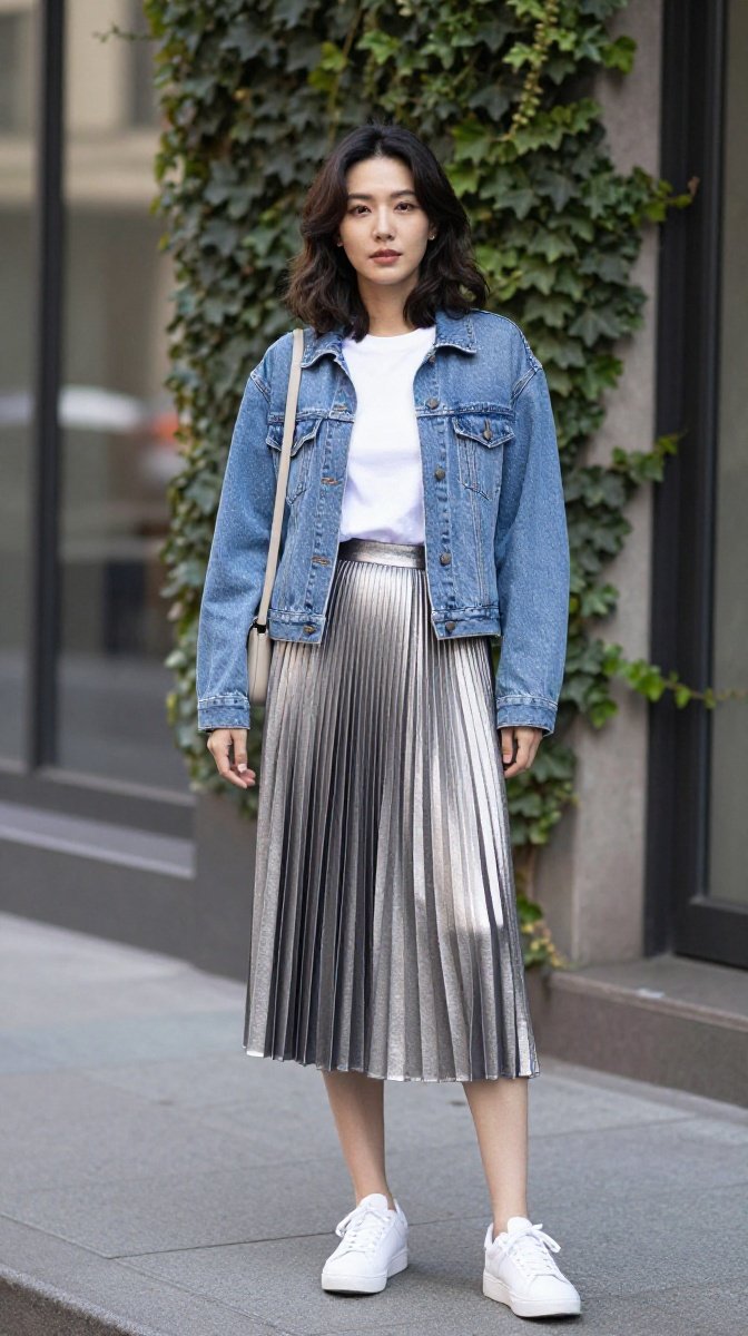 Denim Jacket + Pleated Midi Skirt