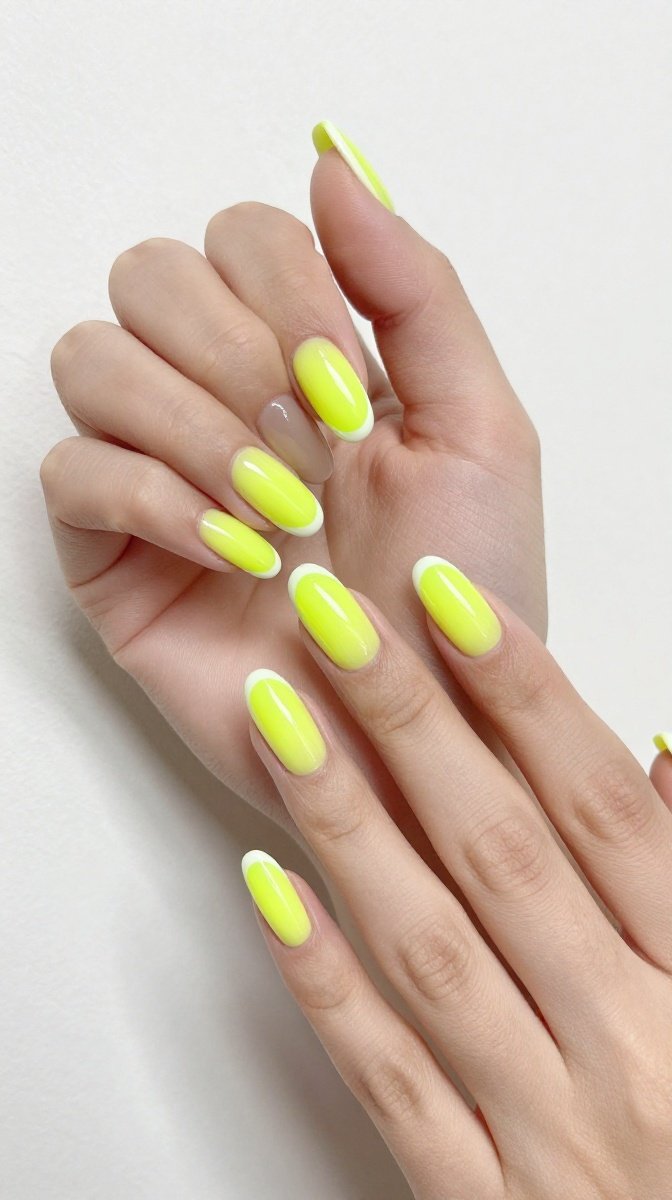 Electric Yellow Neon Glow Nails with White Accents