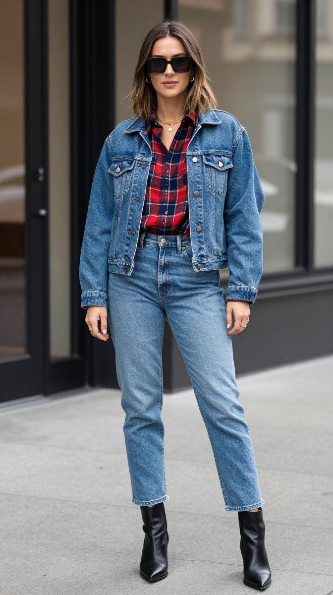 Flannel Shirt Over Denim Jacket + High-Waisted Jeans + Pointed-Toe Boots
