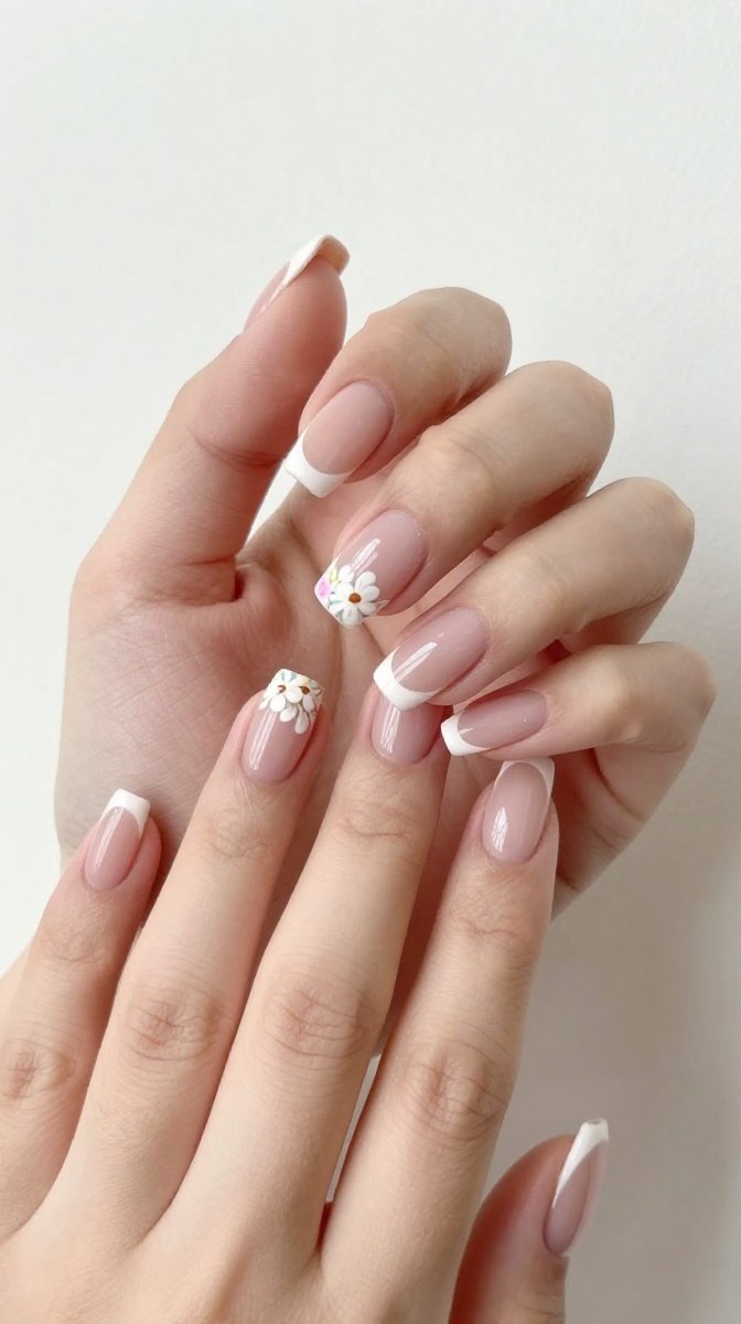 French Tip with Pastel Floral Accent
