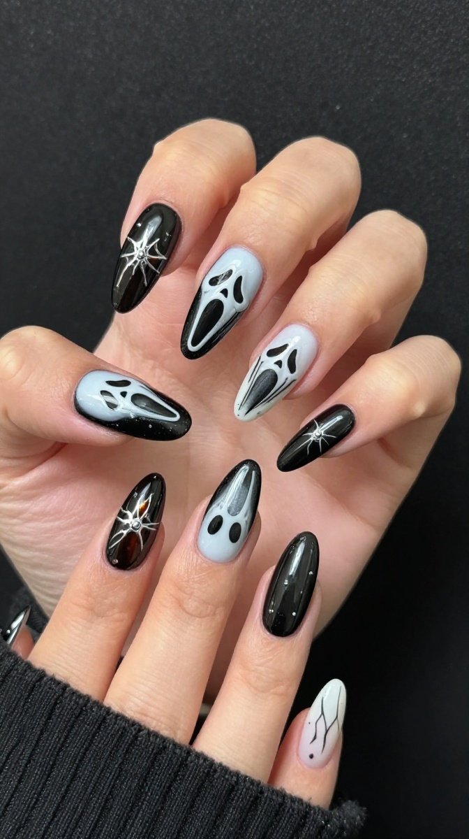 Ghost face-Inspired Chic Halloween Almond Nails