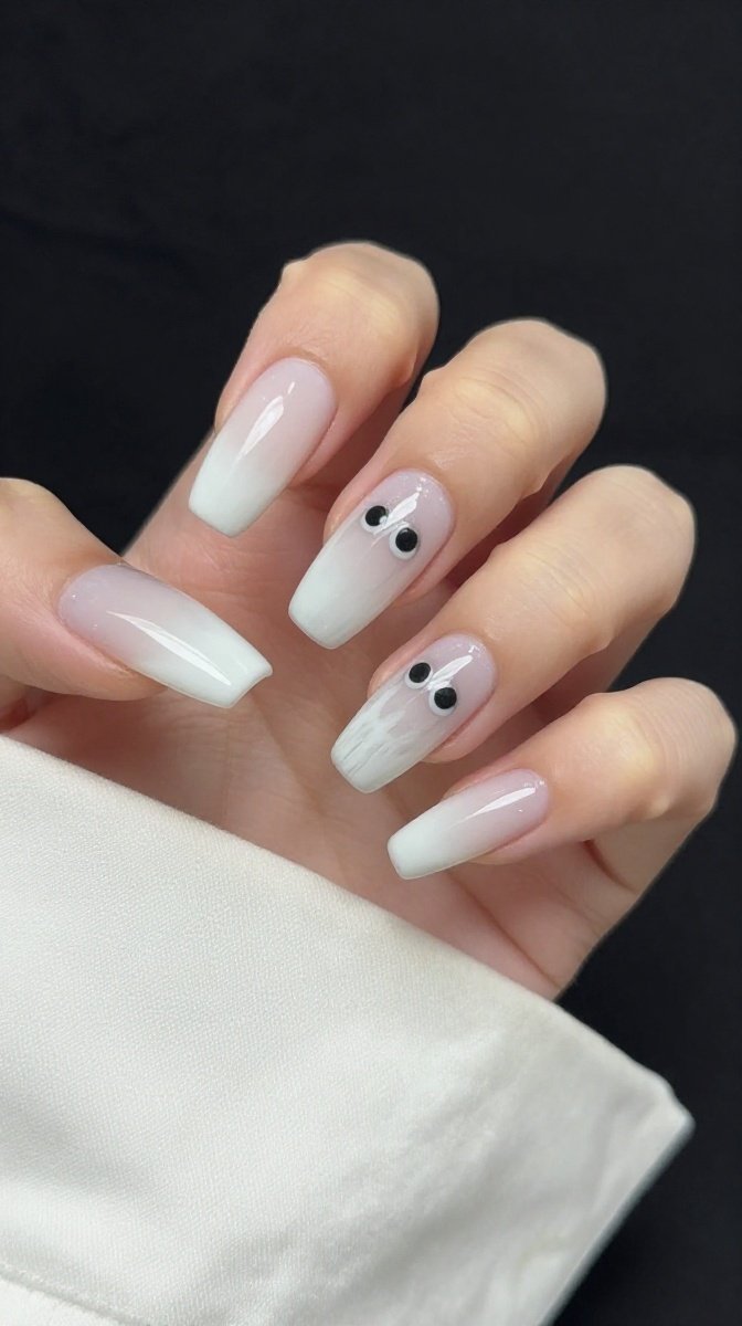 Ghostly White Almond Halloween Nails with Tiny Eye Details