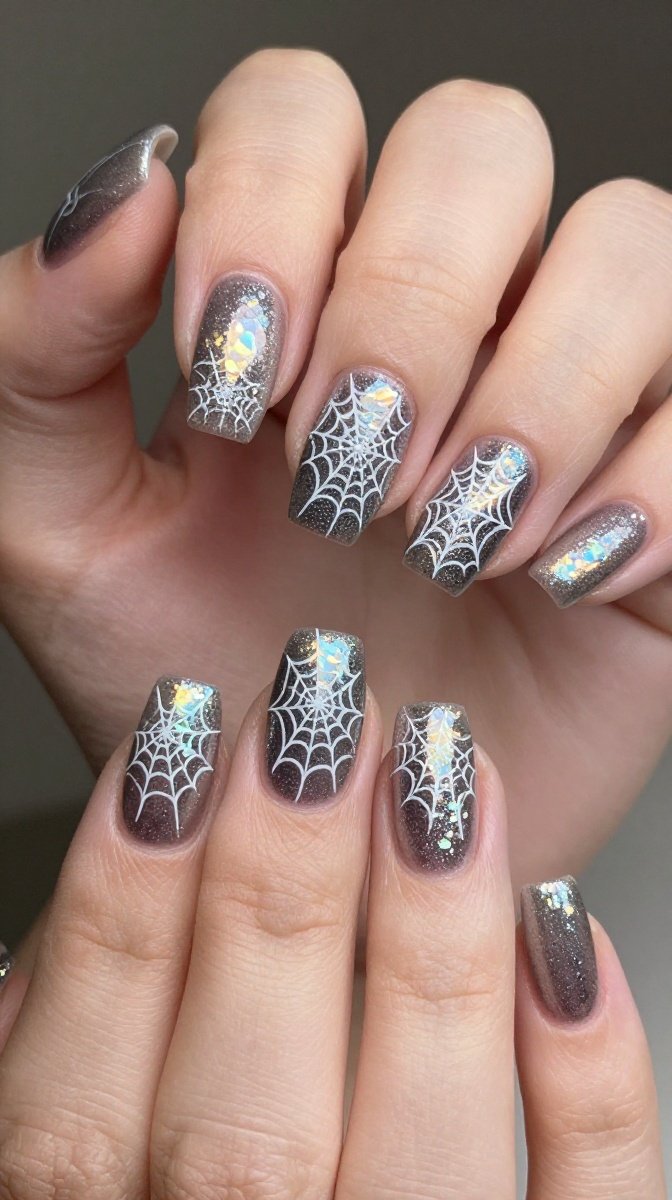 Glittery Spiderweb Cobweb Nails 