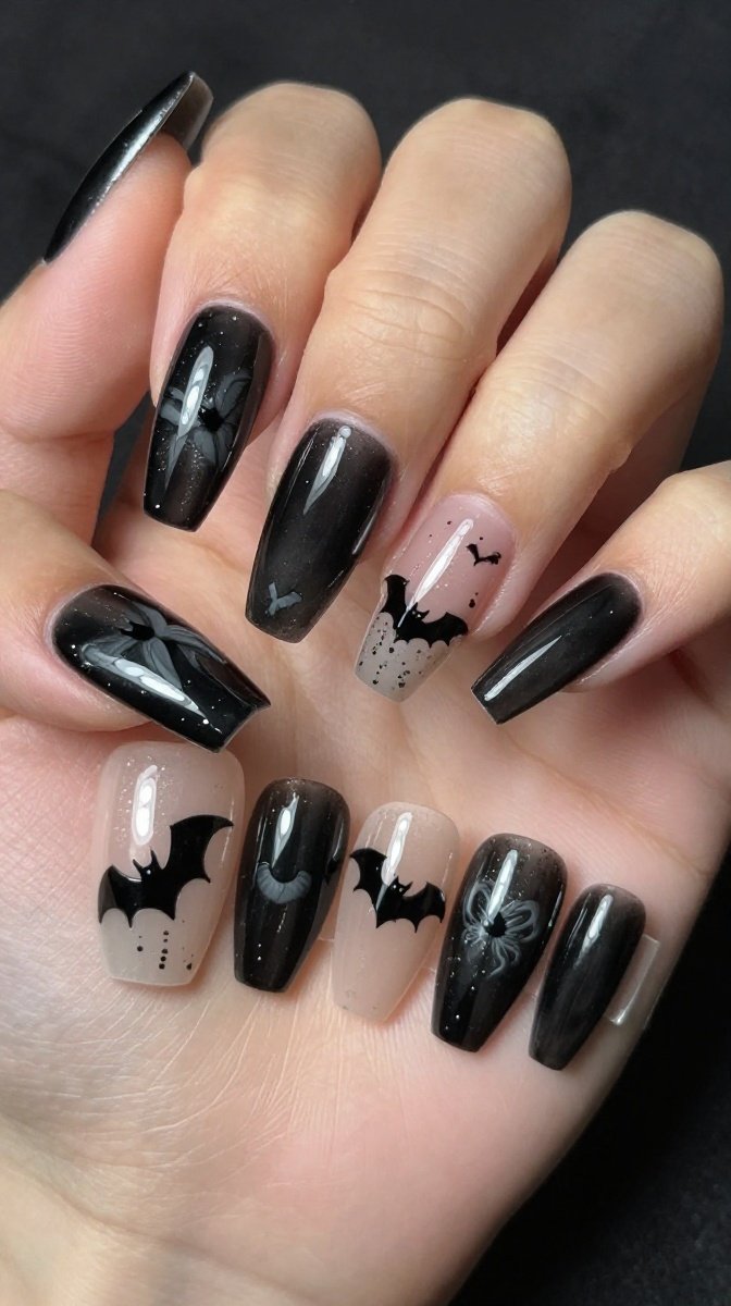 Glossy Black Coffin Nails with Tiny Bat Silhouettes