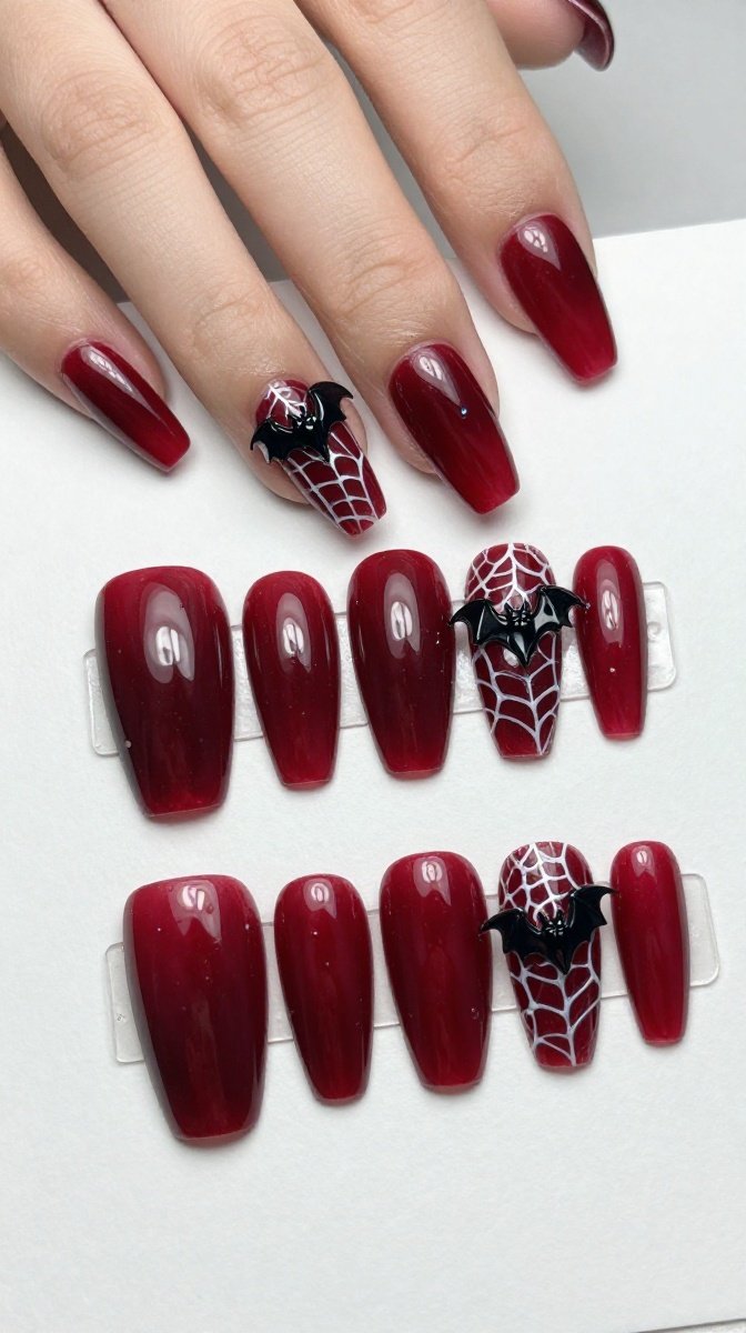 Glossy Blood-Red Coffin Nails With Cobweb & Bat Details