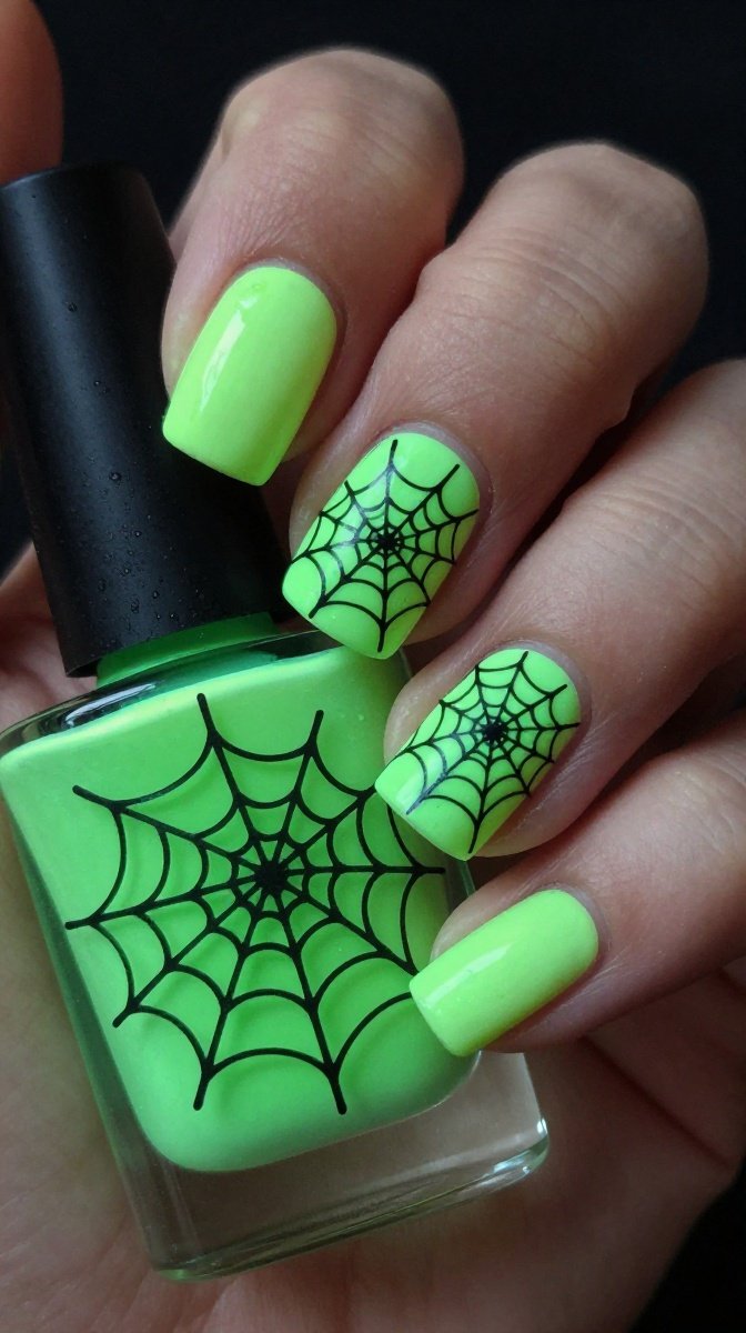 Glow-in-the-Dark Webs with Black Outlines nails