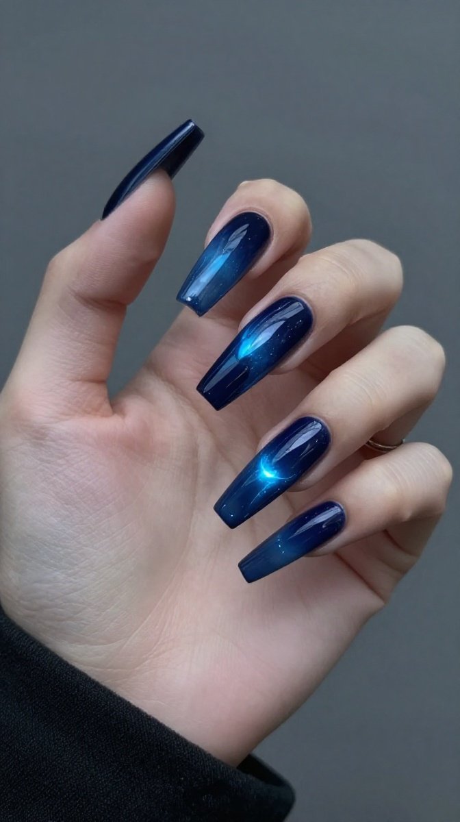 Glowing Midnight Blue Ombré Witch Nails – Mystical & Moody
