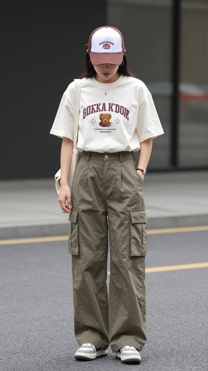 Graphic Tee + High-Waisted Cargo Pants + Trucker Hat