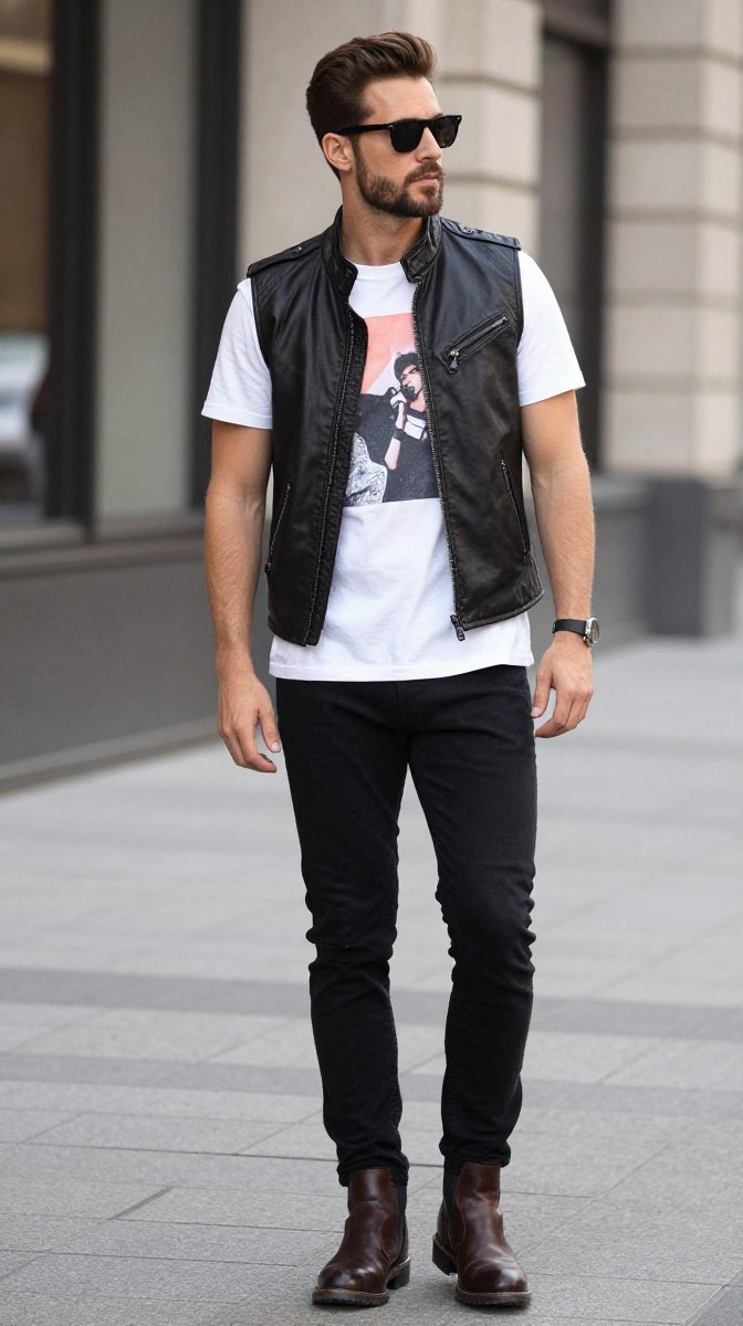Graphic Tee + Leather Vest + Black Slim Jeans + Brown Boots
