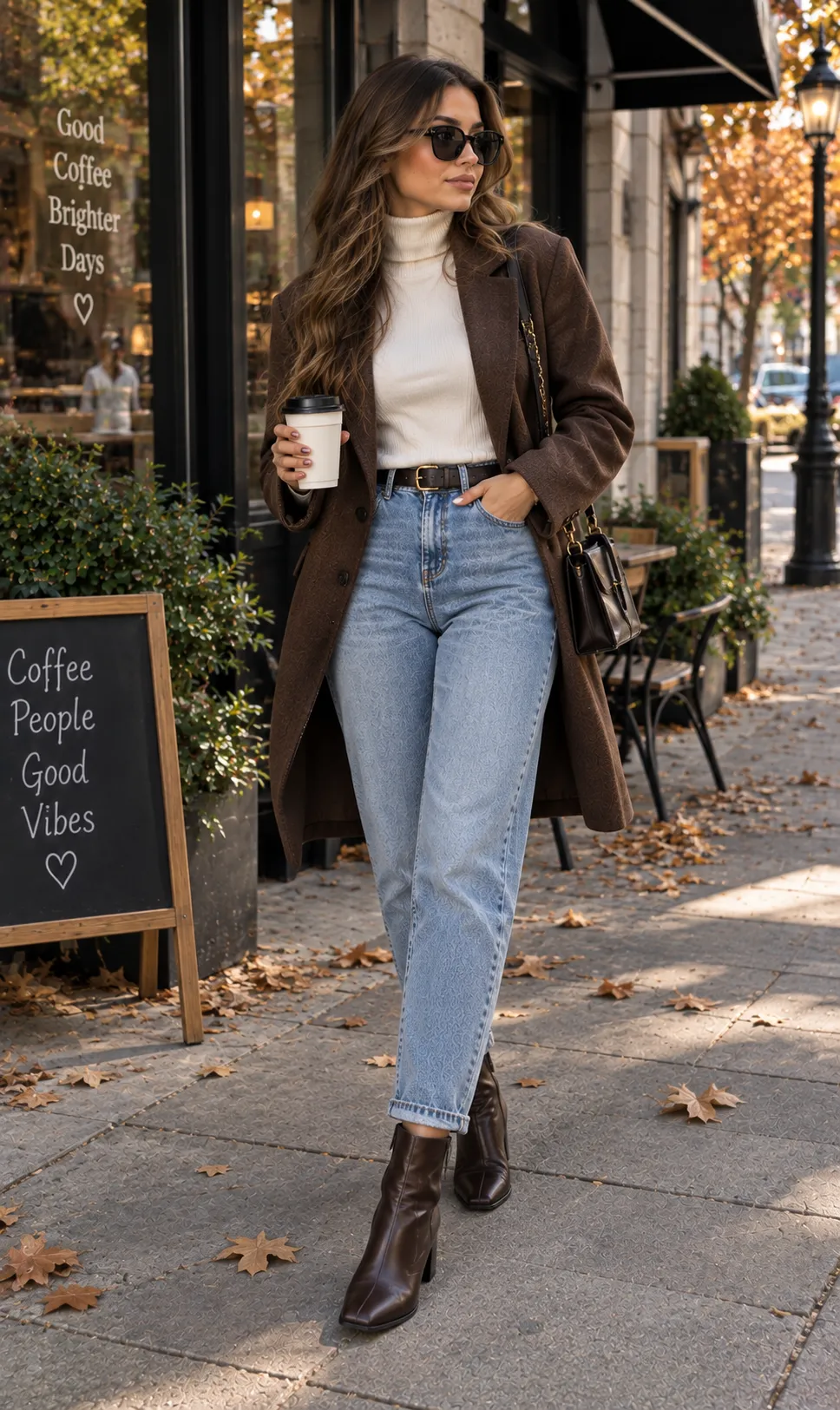 High-Waisted Mom Jeans + Turtleneck + Ankle Boots