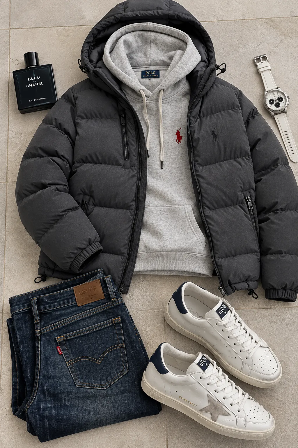 Hoodie + Puffer Jacket + Relaxed Jeans + Winter Sneakers 