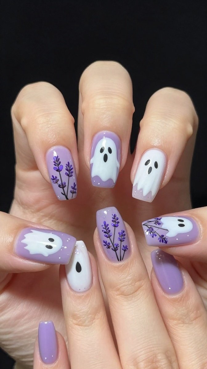 Lavender & White Ghost Nail Art – Spooky-Cute Witch Vibes