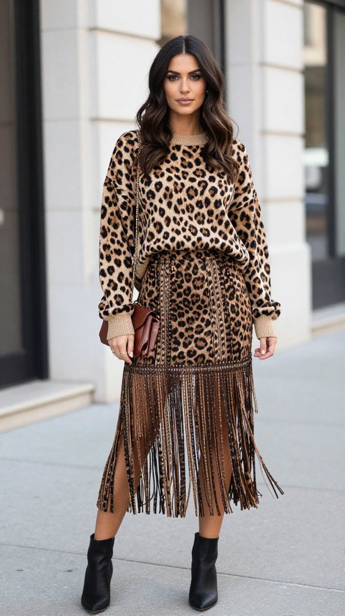 Leopard Print Sweater + Fringe Skirt