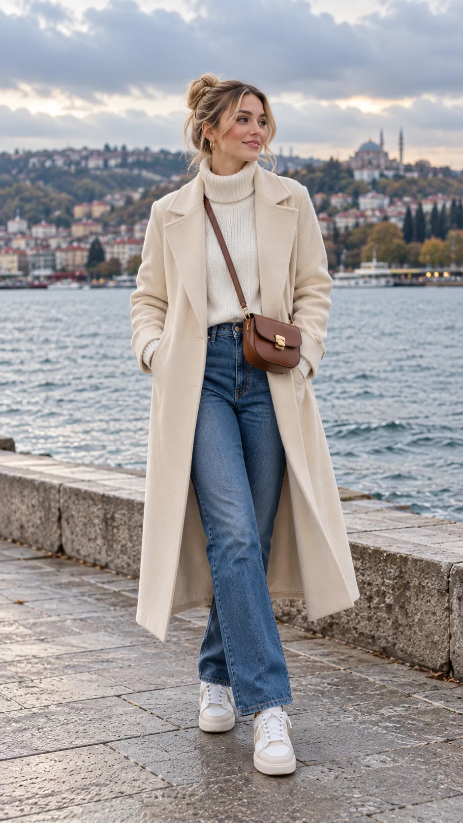 Long Coat + Straight-Leg Jeans + Sneakers