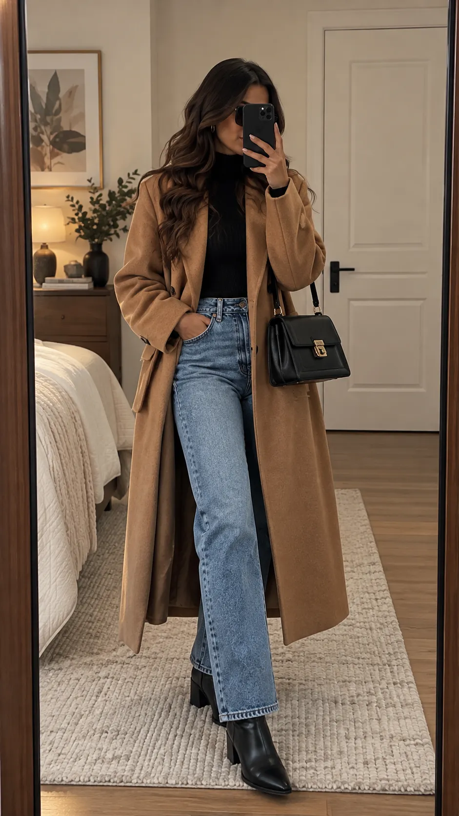 Long Wool Coat + Straight-Leg Jeans + Ankle Boots