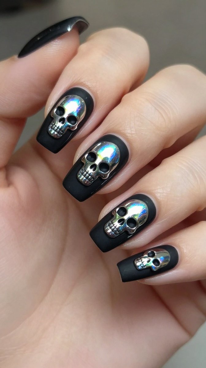 Matte Black Chrome with 3D Holographic Skulls