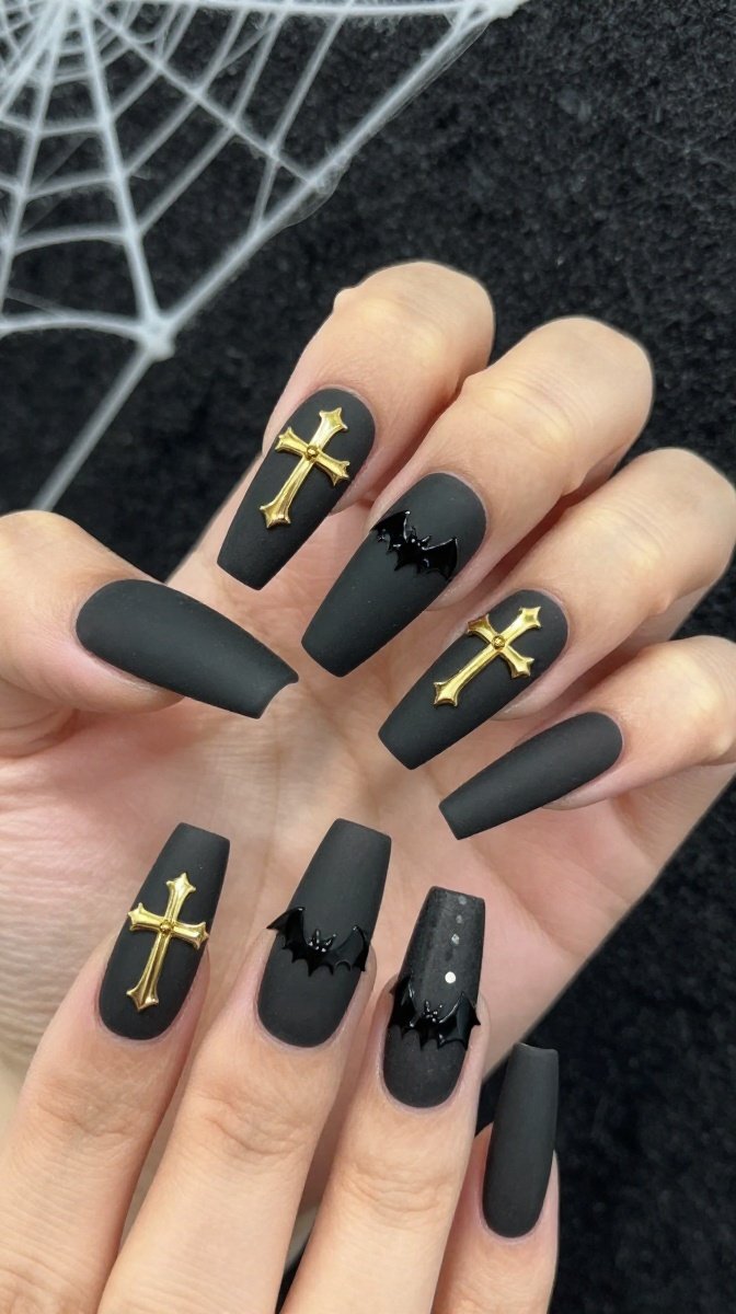 Matte Black Coffin Nails With Gold Crosses, Bats & Cobwebs