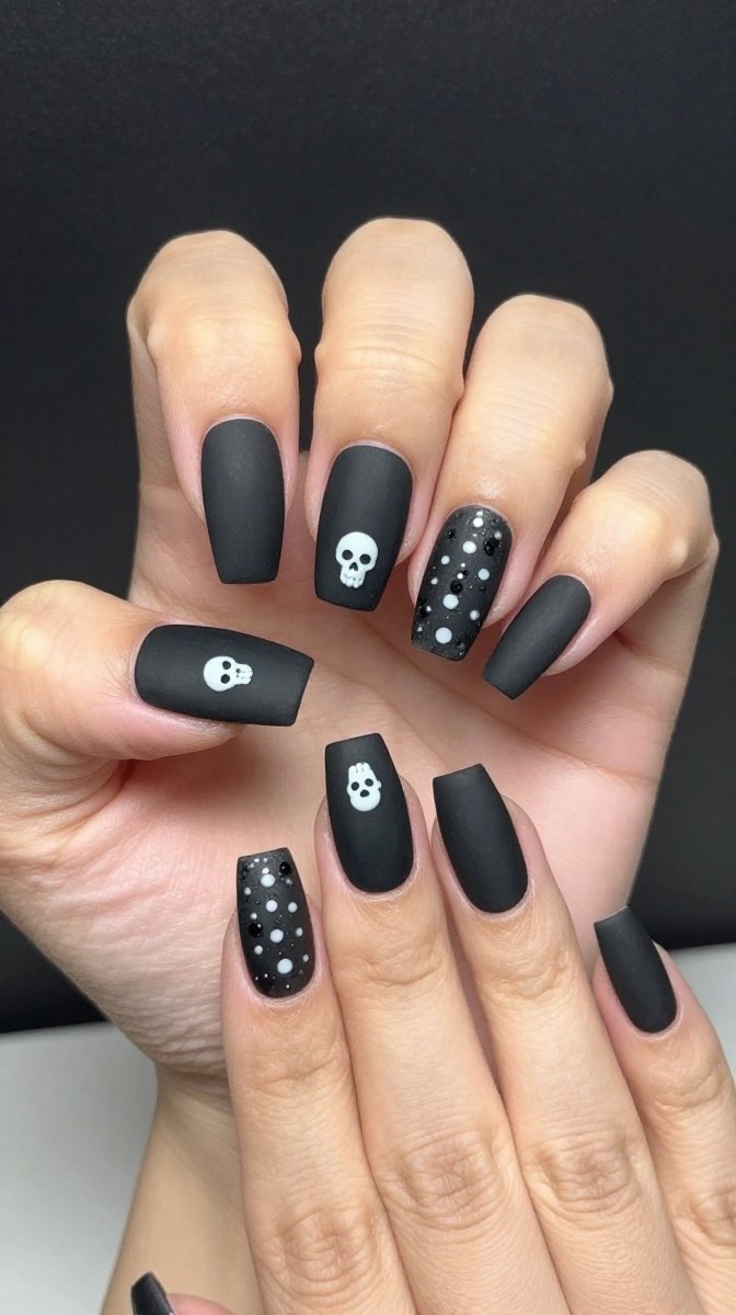 Matte Black Coffin Nails With Tiny White Skull Accents