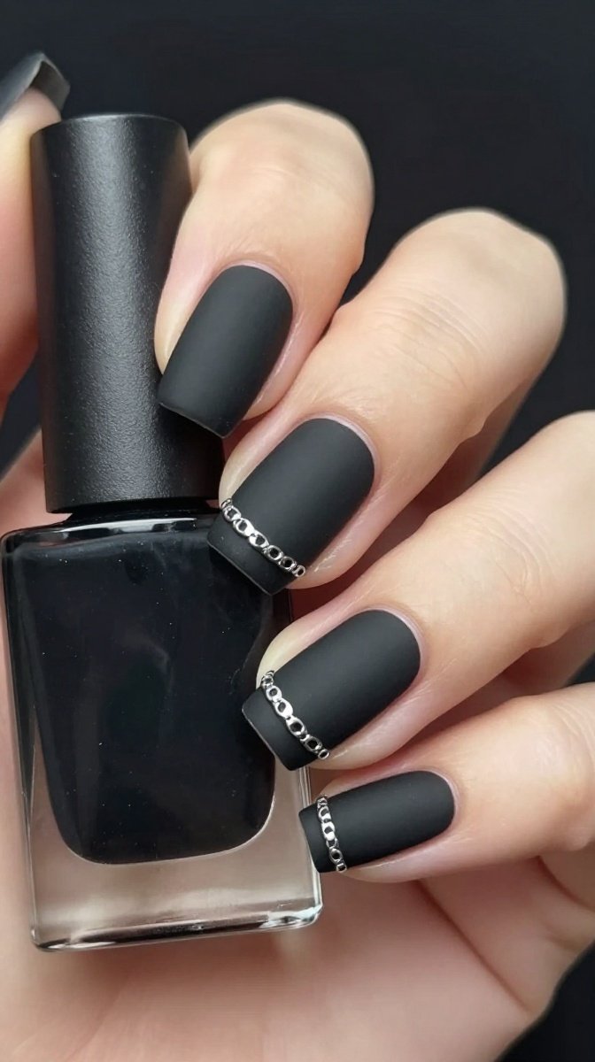 Matte Black Polish with Silver Chain Details