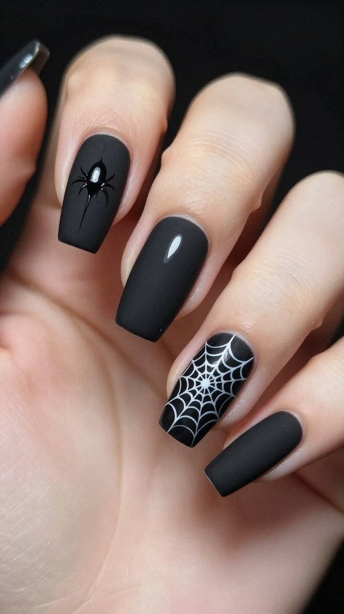 Matte Black Spider Webs with Glossy Accents – Classic Creepy-Chic Base