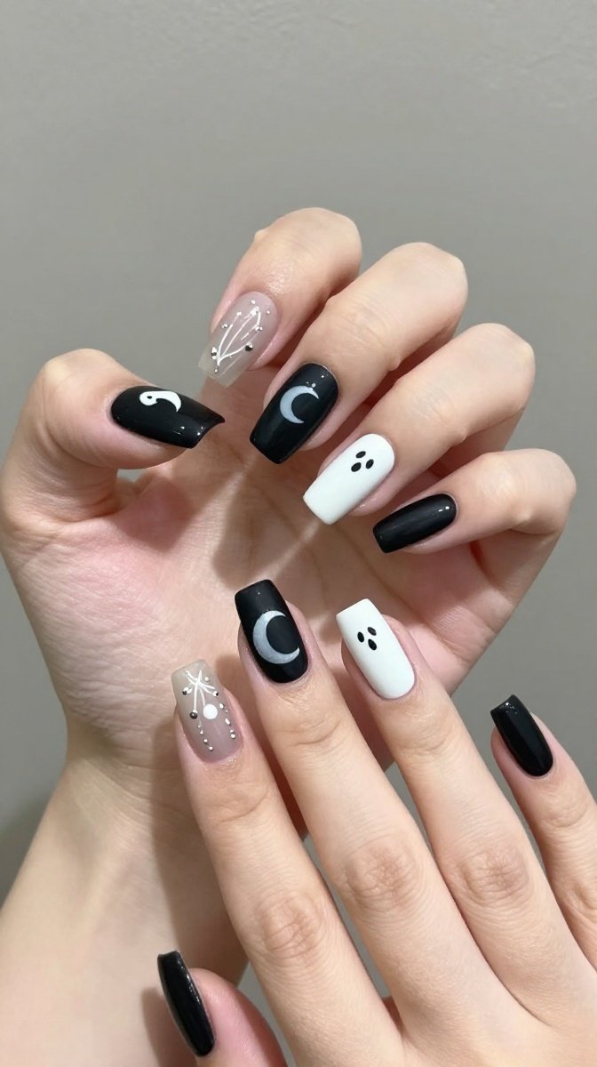 Matte Black With White Ghost & Crescent Moon Accents