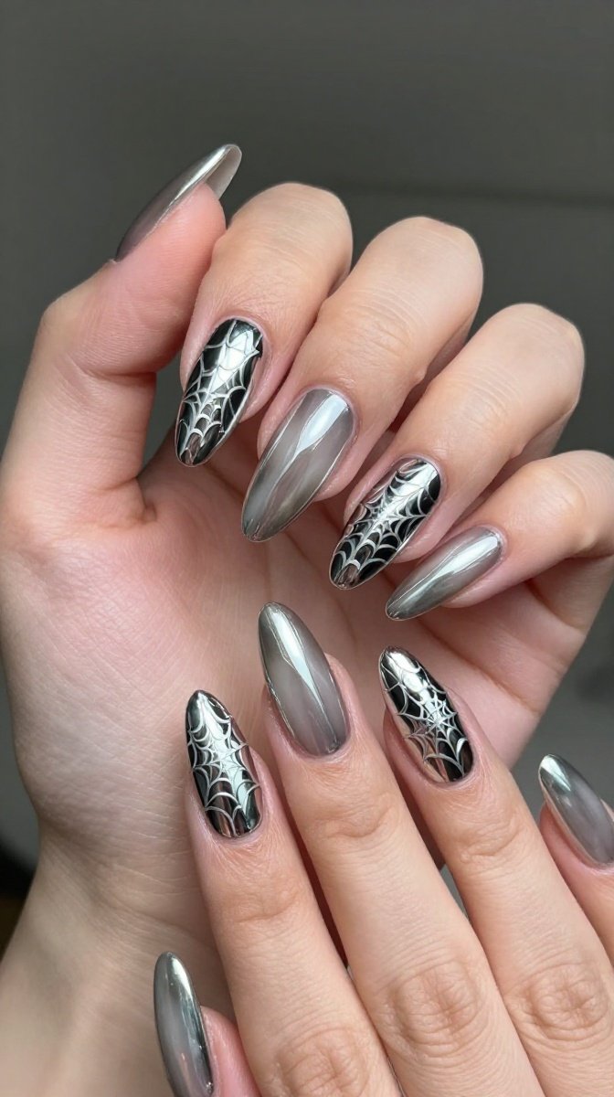 Metallic Chrome Spider Webs on Almond Shapes – Elevated Edge