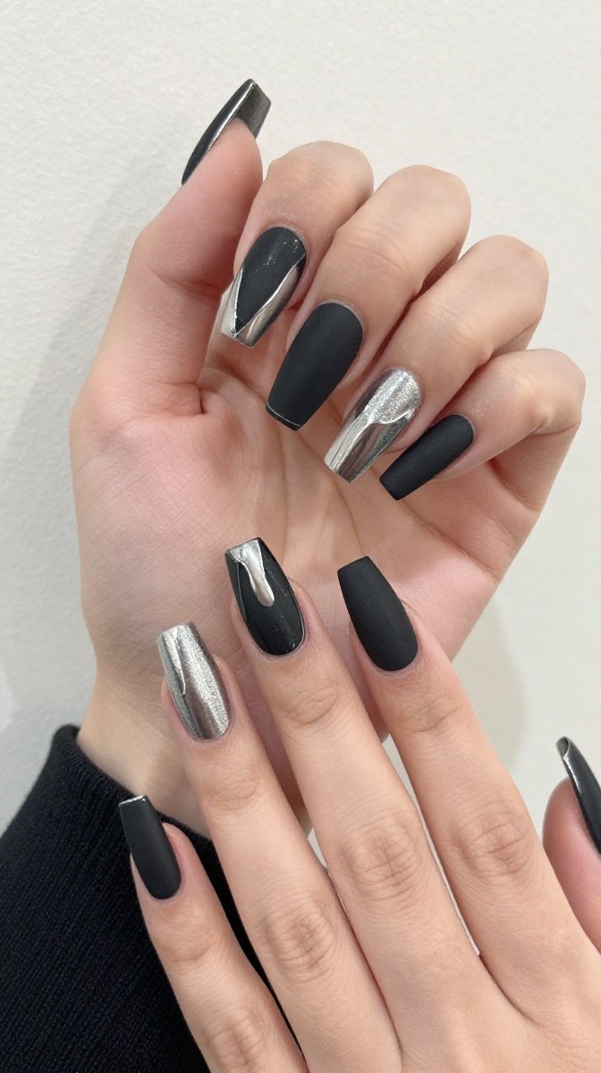 Mixed-Length Webs with Matte Black and Silver Accents – Asymmetrical Edge