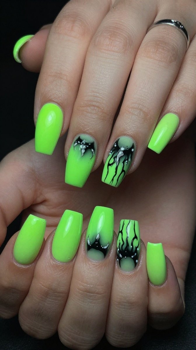 Neon Green Coffin Nails With Glow-In-The-Dark Eyes & Venom Details
