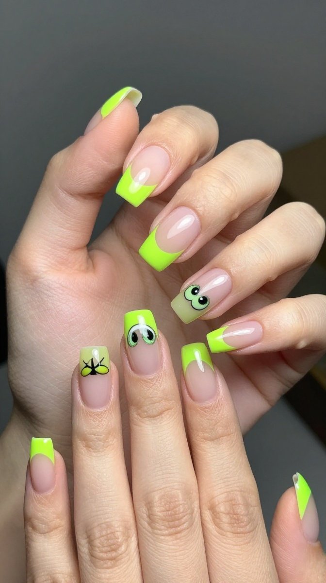 Neon Green French Tips with Button Eyes