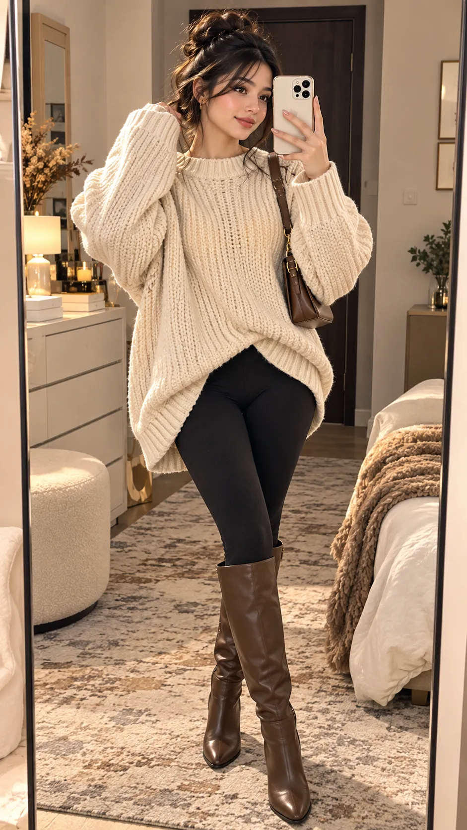 Oversized Knit Sweater + Fleece-Lined Leggings + Knee-High Boots