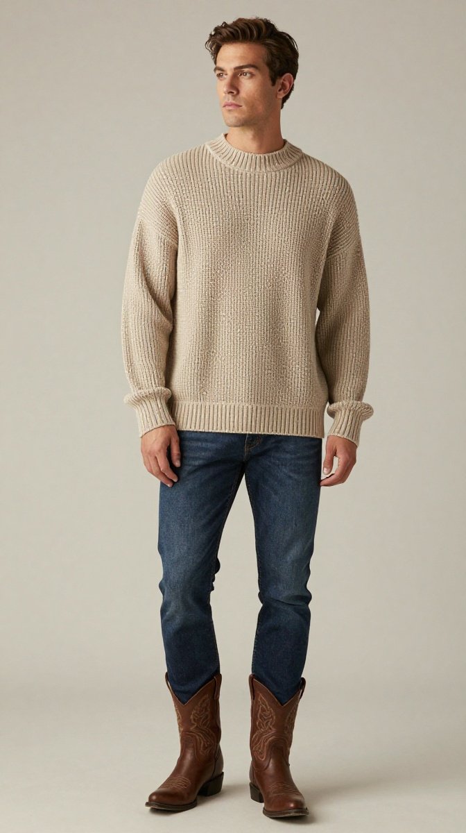 Oversized Knit Sweater + Slim-Fit Jeans + Western Boots