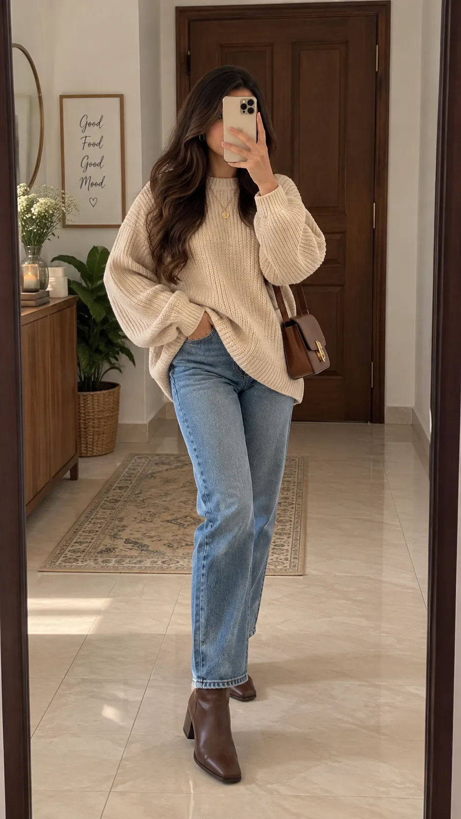 Oversized Knit Sweater + Straight-Leg Jeans + Ankle Boots
