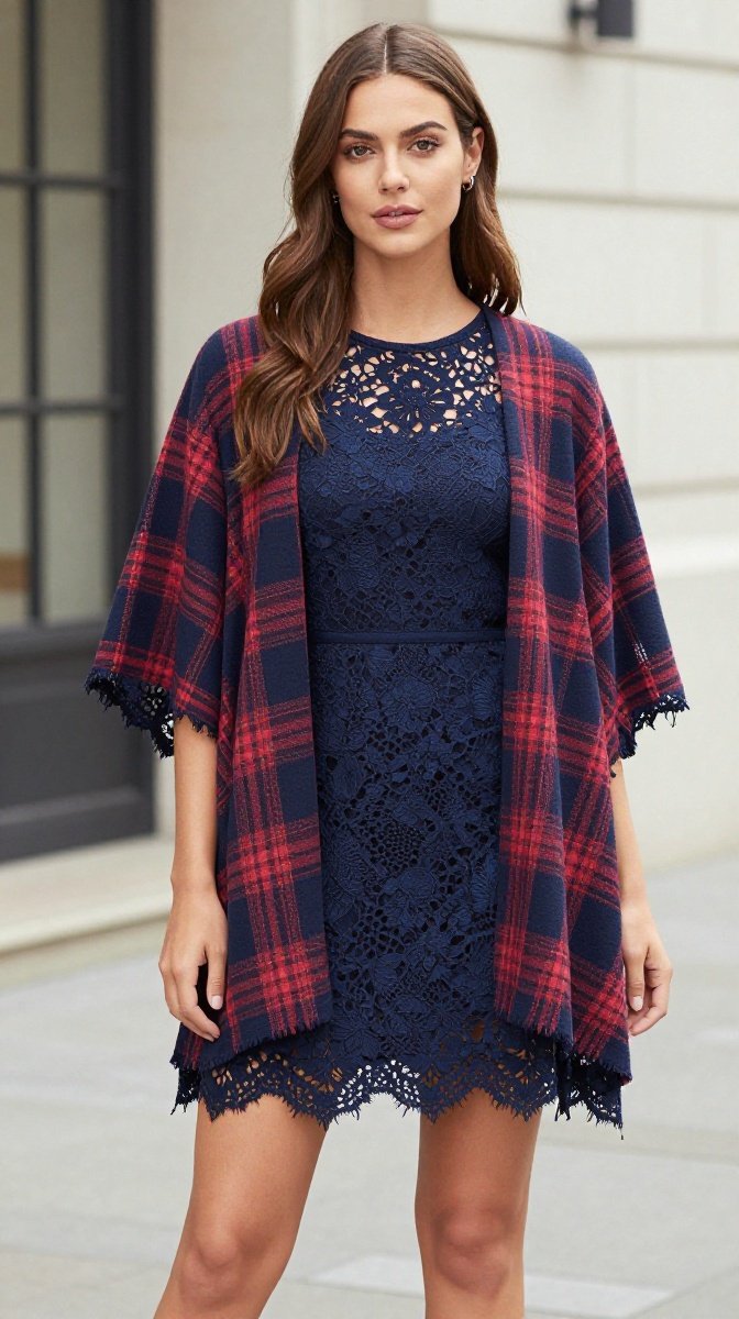 Plaid Cape + Lace Mini Dress
