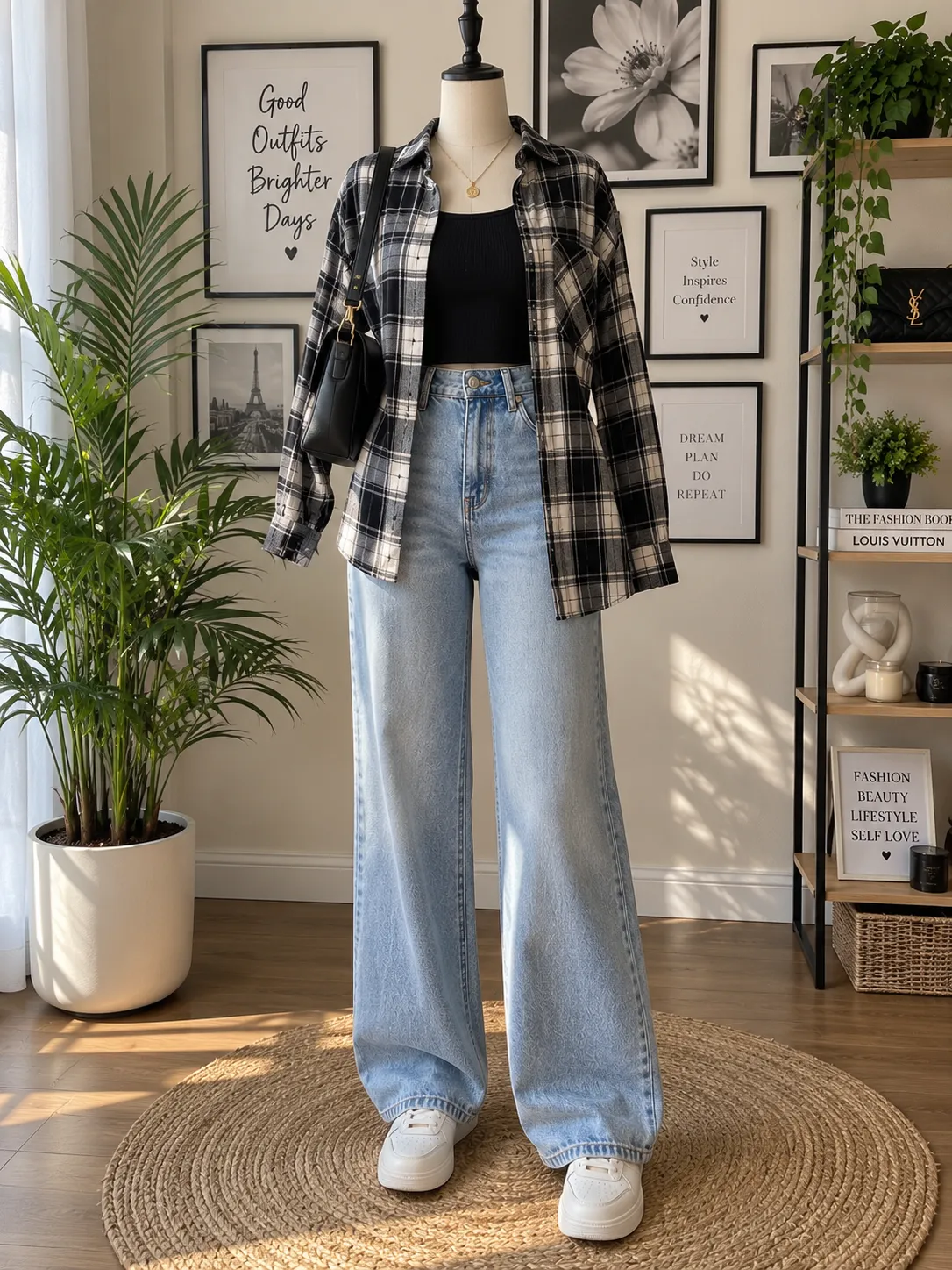 Plaid Shirt + Wide-Leg Pants