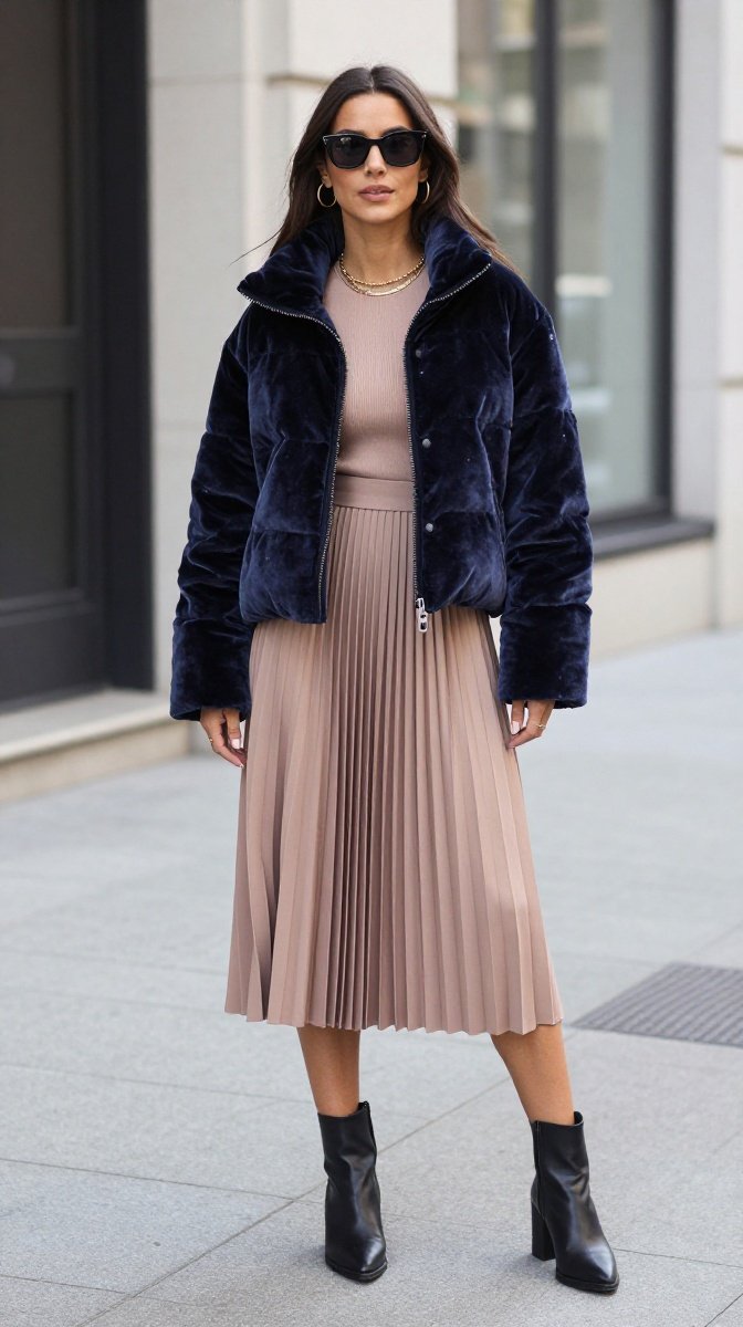 Puffy Velvet Jacket + Pleated Midi Dress