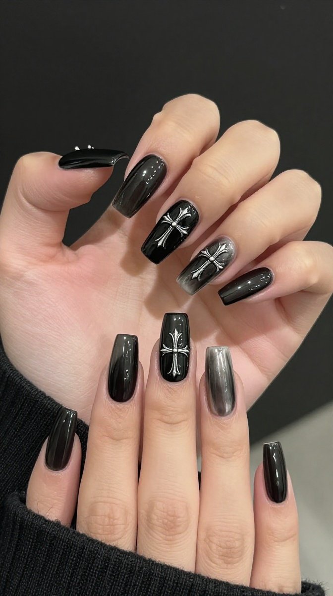 Pure Jet Black with Silver Cross Accents