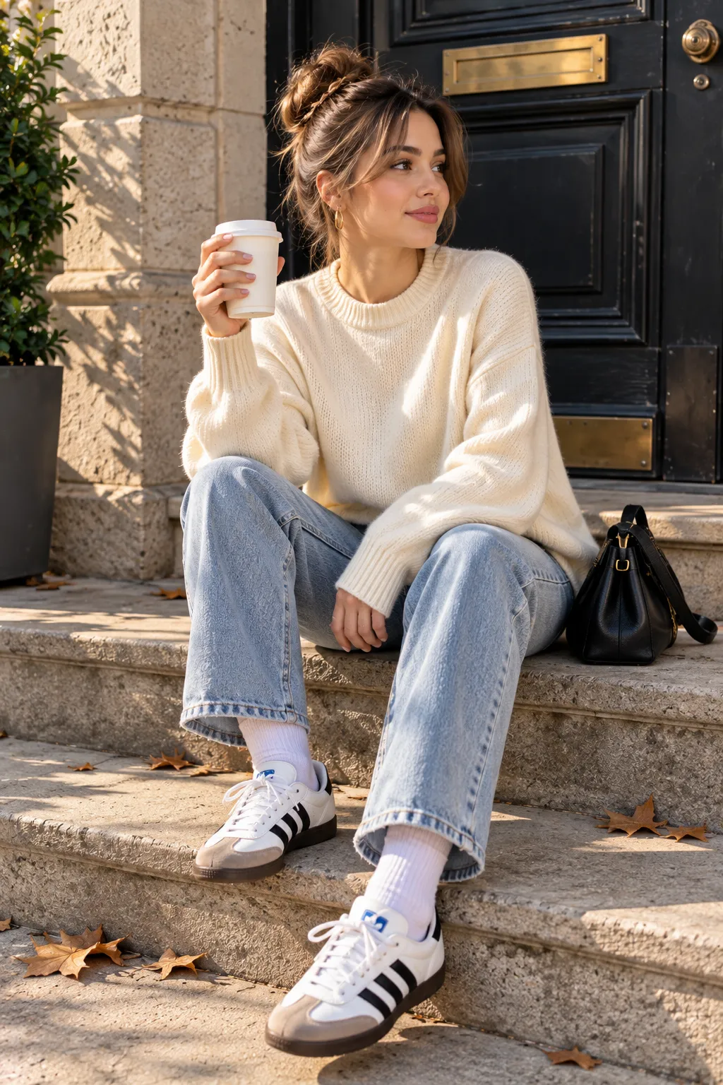 Relaxed Knit Sweater + Wide-Leg Jeans + Sneakers