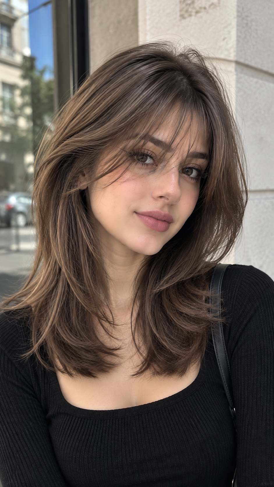 Side-Parted Wispy Bangs with Mid-Length Layers