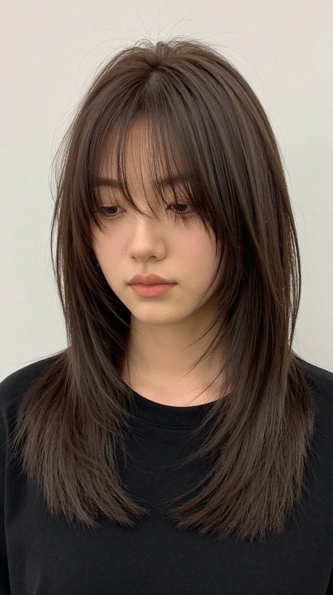 Sleek Curtain Bangs with Center Part