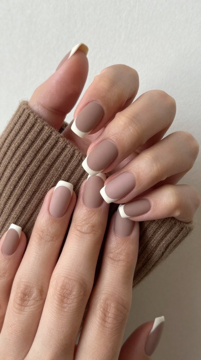 Soft Brown Matte Webs with Cream French Tips – Cozy Fall Creep