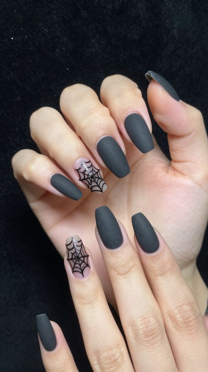 Spider Web Matte Black Almond Halloween Nails