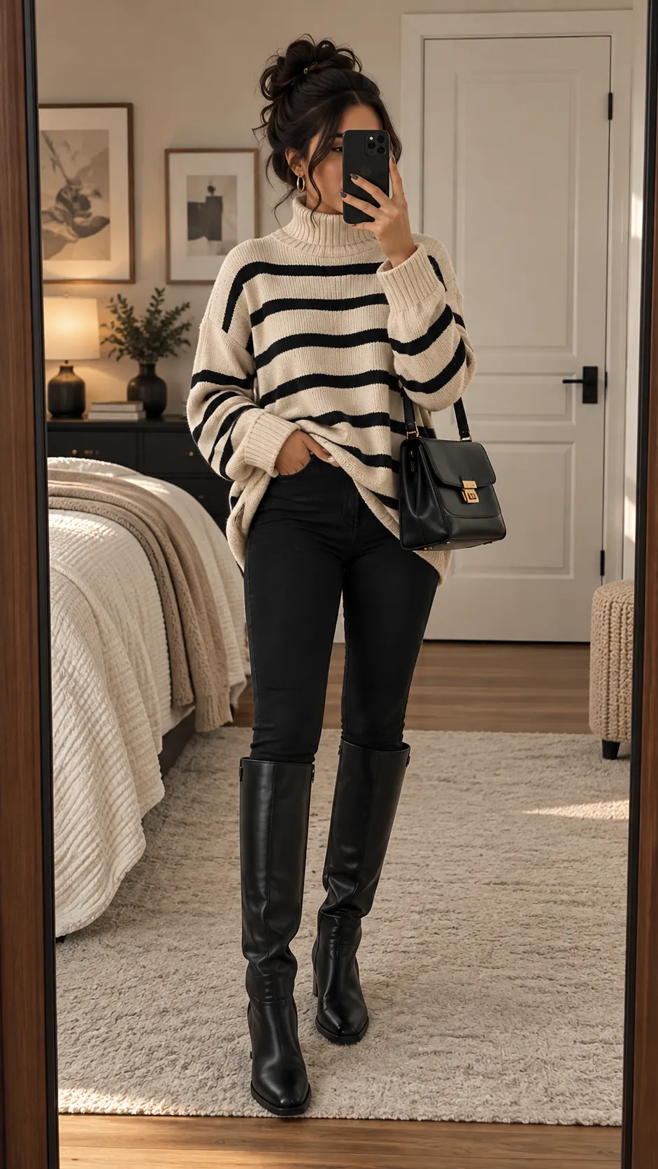 Striped Knit Sweater + Dark Jeans + Knee-High Boots