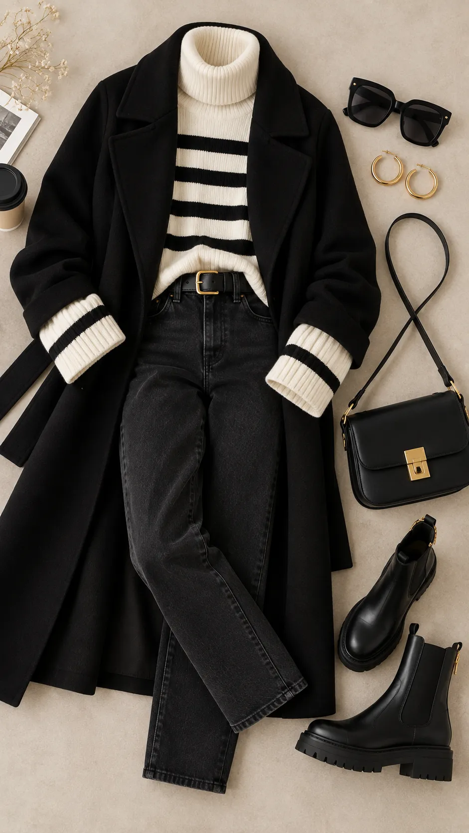 Striped Sweater + Black Jeans + Ankle Boots